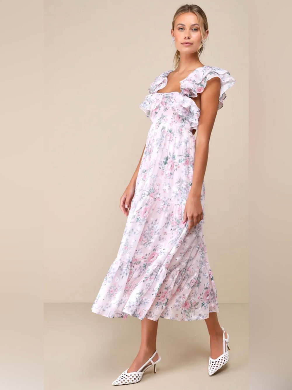 LuLus Floral Ruffle Midi Dress - Pink